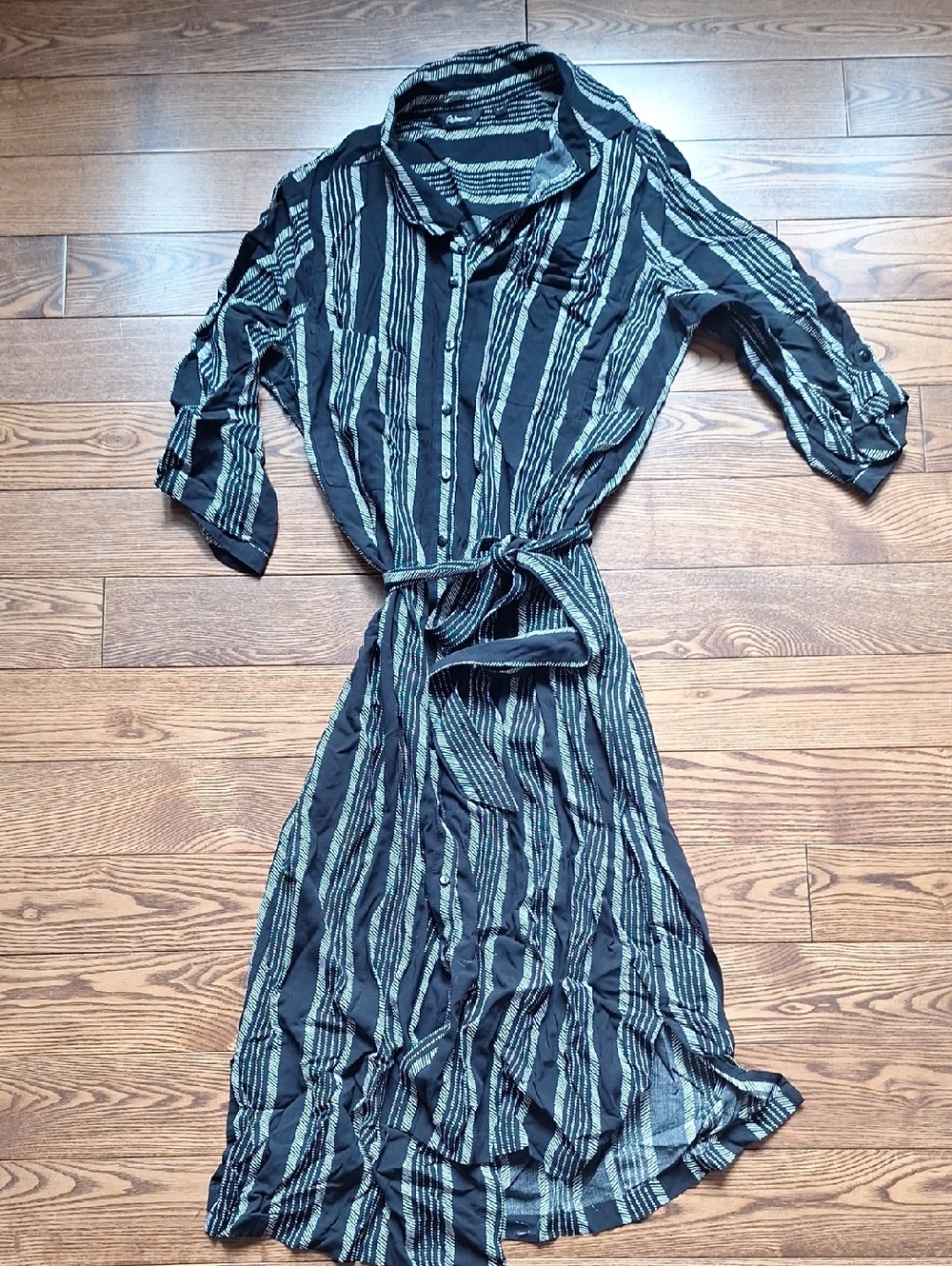 Reitmans Black and White Vertical-Stripe Midi Shirt Dress - Picture 2 of 8